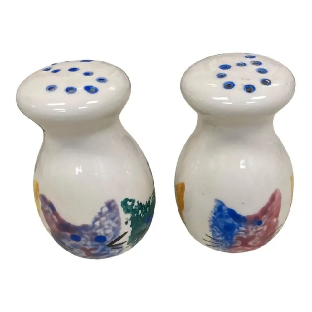 Cat Faces Hand Painted Salt & Pepper Set Mexico‎ 3.5
